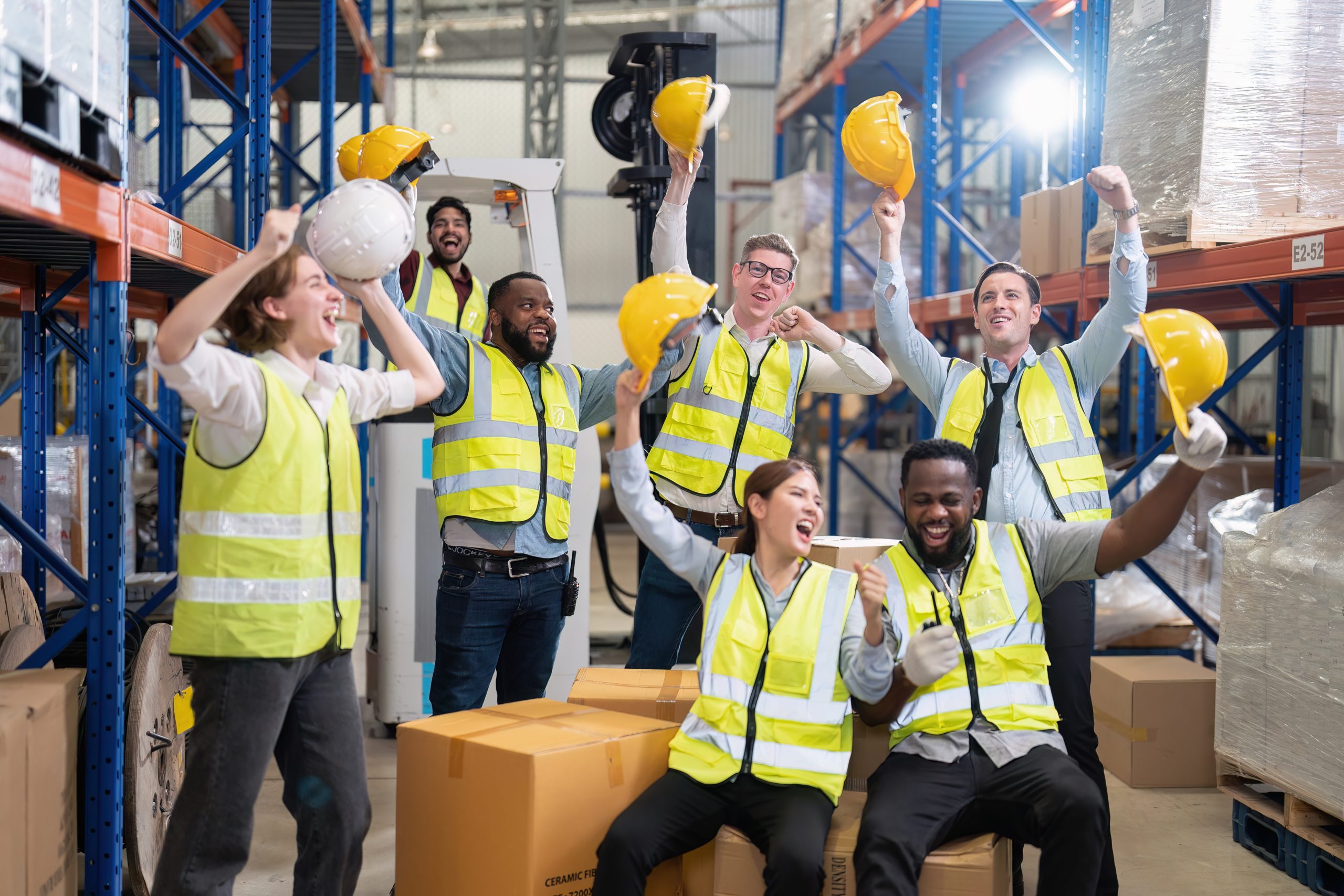 Des ouvriers en tenue de travail sont souriants et lèvent leur casque jaune en l'air