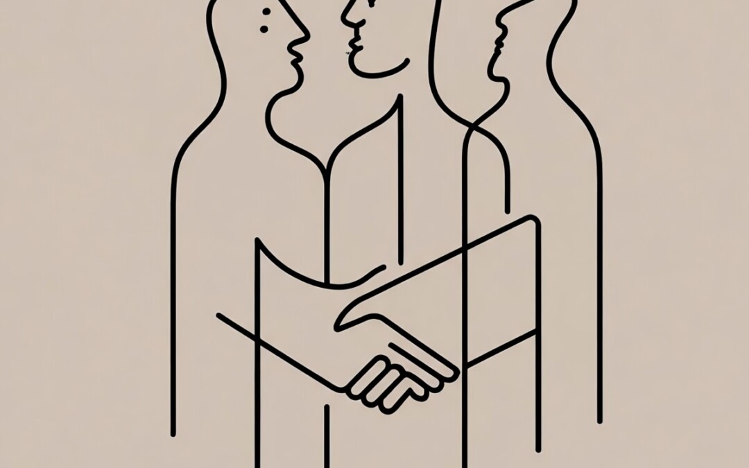 Illustration minimaliste en ligne continue représentant trois figures humaines esquissées avec fluidité, entrelacées, suggérant une conversation ou une négociation. Deux mains se serrent au centre de l’image, symbolisant un accord, une coopération ou une réconciliation. Le fond beige apporte une touche d’élégance et de simplicité.