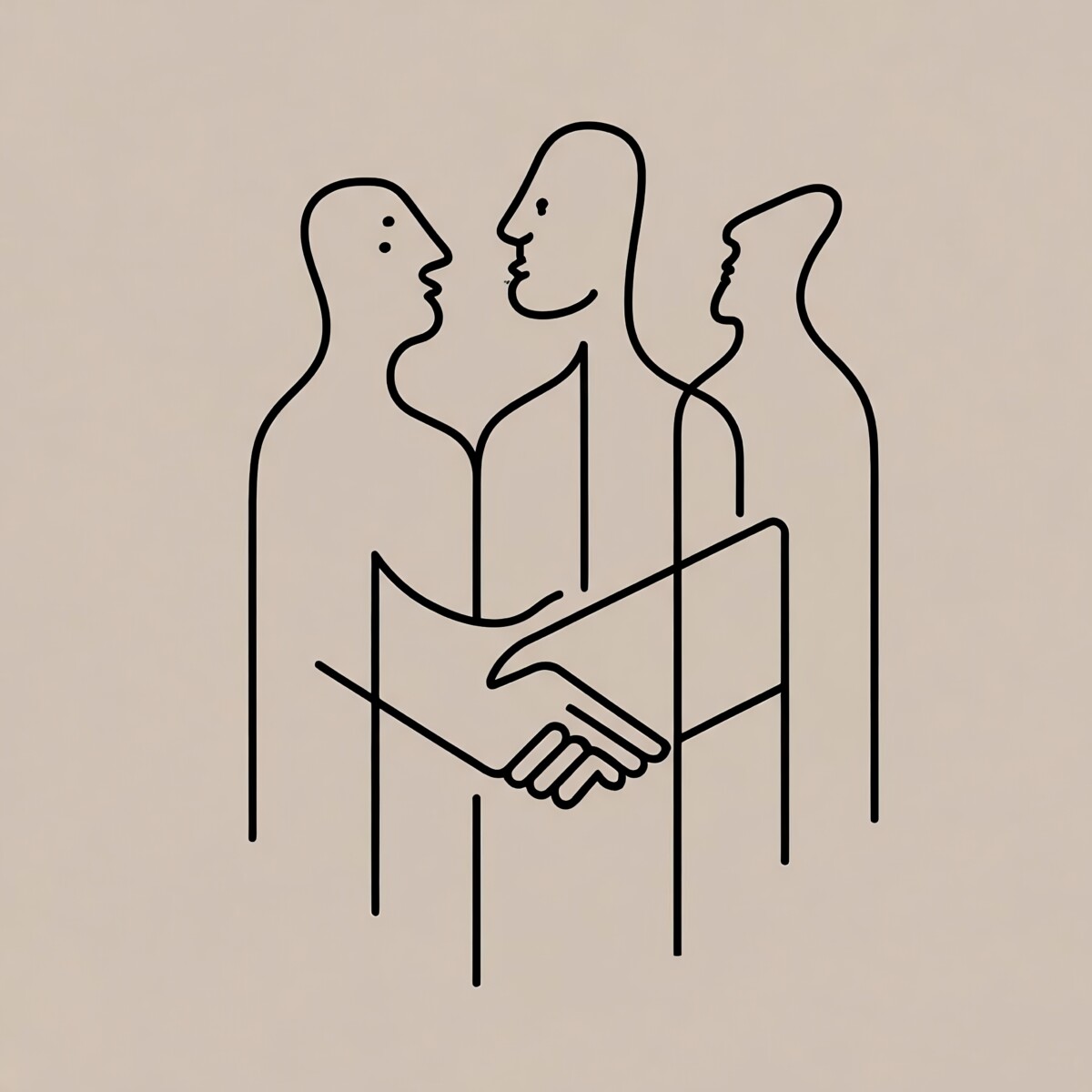 Illustration minimaliste en ligne continue représentant trois figures humaines esquissées avec fluidité, entrelacées, suggérant une conversation ou une négociation. Deux mains se serrent au centre de l’image, symbolisant un accord, une coopération ou une réconciliation. Le fond beige apporte une touche d’élégance et de simplicité.